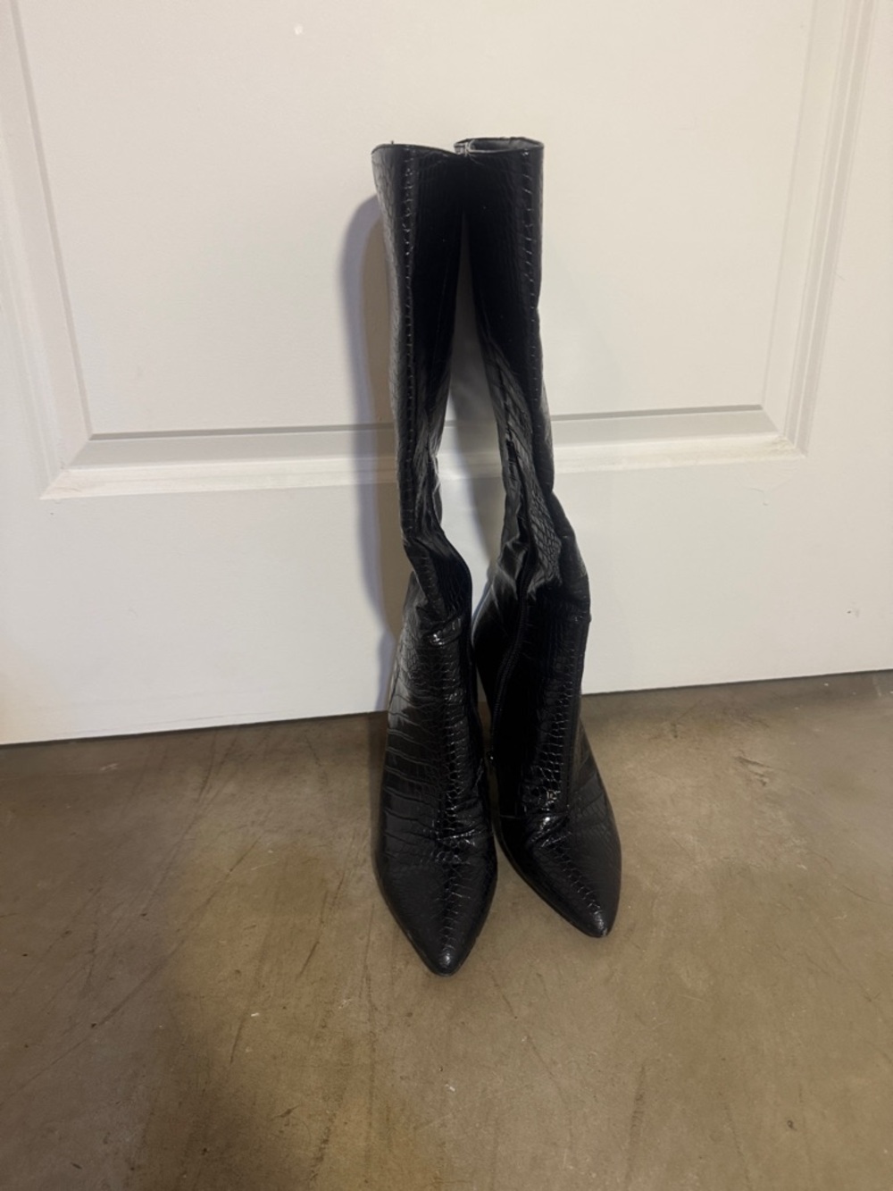 Amazon Black Faux-Croc Over-the-Knee Pointed-Toe Boots